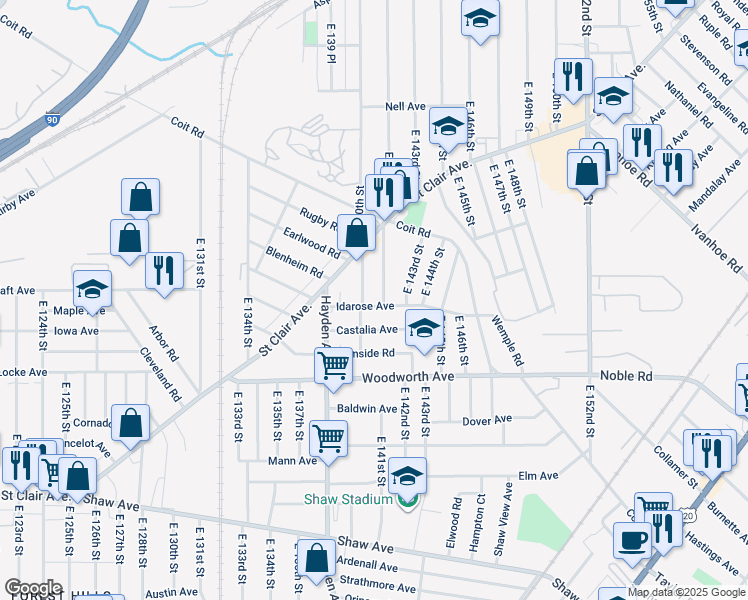 map of restaurants, bars, coffee shops, grocery stores, and more near 14005 Castalia Avenue in Cleveland