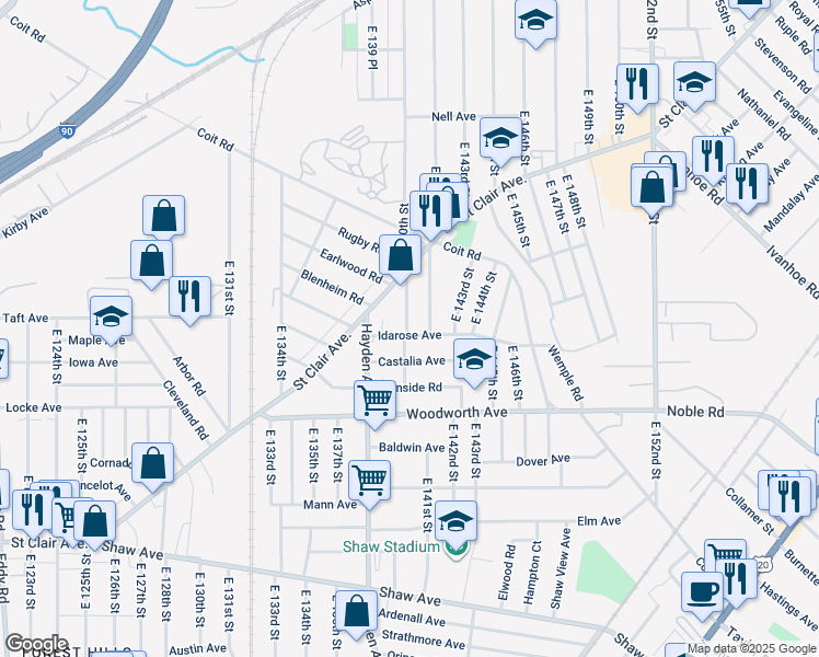 map of restaurants, bars, coffee shops, grocery stores, and more near 14005 Castalia Avenue in Cleveland
