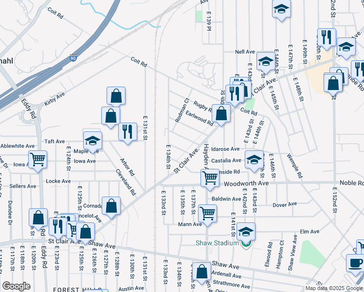 map of restaurants, bars, coffee shops, grocery stores, and more near 13413 Glenside Road in Cleveland
