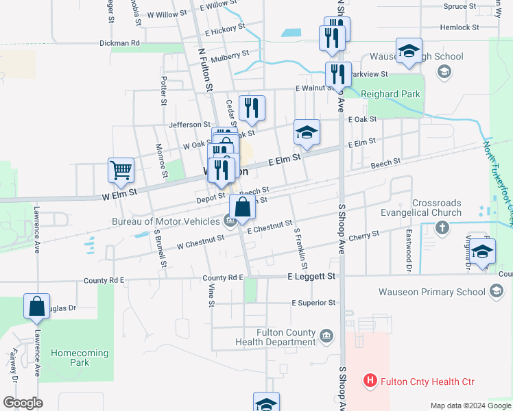 map of restaurants, bars, coffee shops, grocery stores, and more near 125 East Chestnut Street in Wauseon