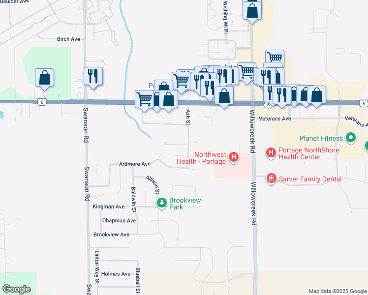 map of restaurants, bars, coffee shops, grocery stores, and more near 5833 Lamar Avenue in Portage