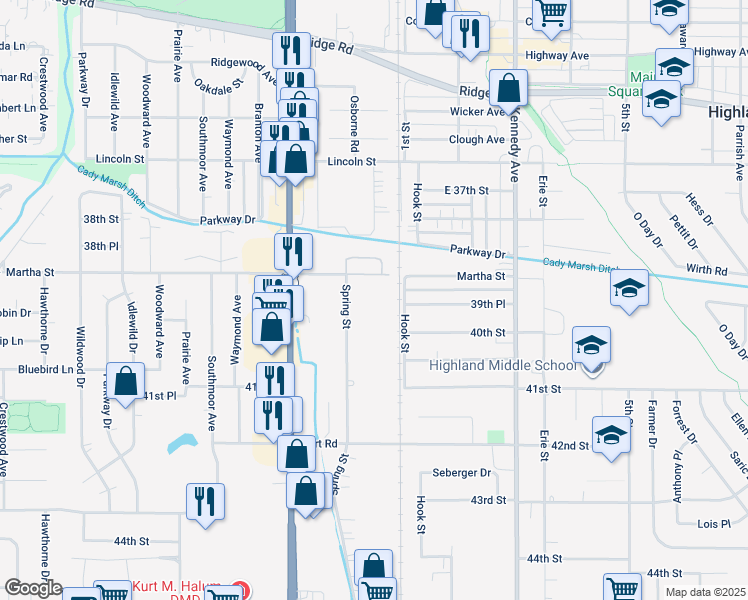 map of restaurants, bars, coffee shops, grocery stores, and more near 9137 Spring Street in Highland