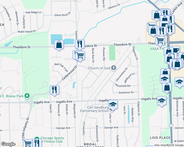map of restaurants, bars, coffee shops, grocery stores, and more near 1361 Pioneer Road in Crest Hill