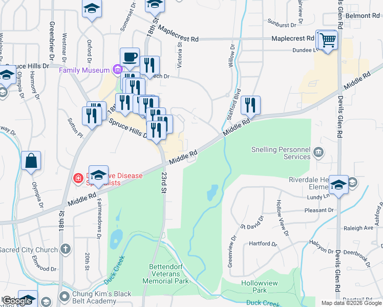 map of restaurants, bars, coffee shops, grocery stores, and more near 2423-2453 Middle Road in Bettendorf