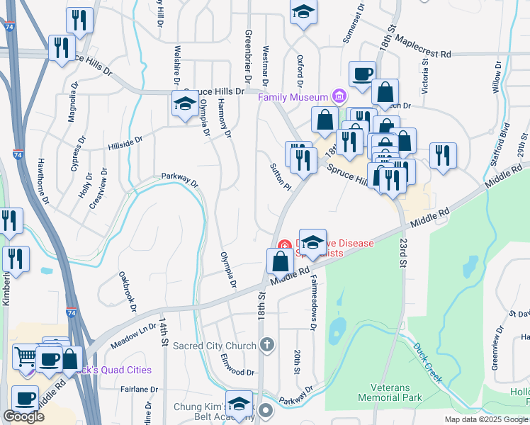 map of restaurants, bars, coffee shops, grocery stores, and more near 2329 Avalon Drive in Bettendorf