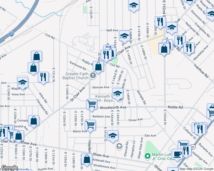 map of restaurants, bars, coffee shops, grocery stores, and more near 14115 Castalia Avenue in Cleveland