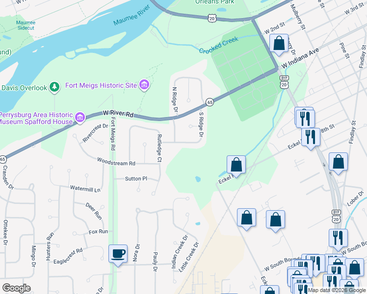 map of restaurants, bars, coffee shops, grocery stores, and more near 616 South Ridge Drive in Perrysburg