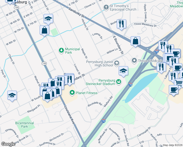 map of restaurants, bars, coffee shops, grocery stores, and more near 116 Pheasant Drive in Perrysburg