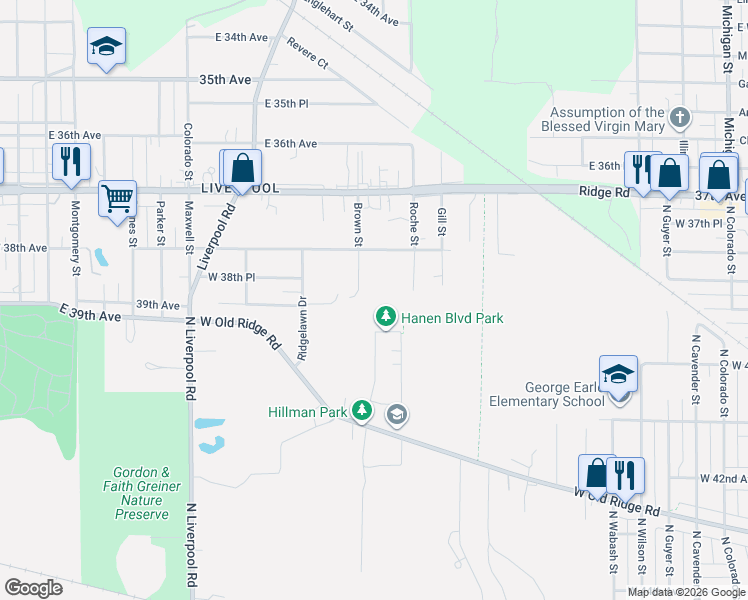 map of restaurants, bars, coffee shops, grocery stores, and more near 2400 North Hansen Boulevard in Hobart