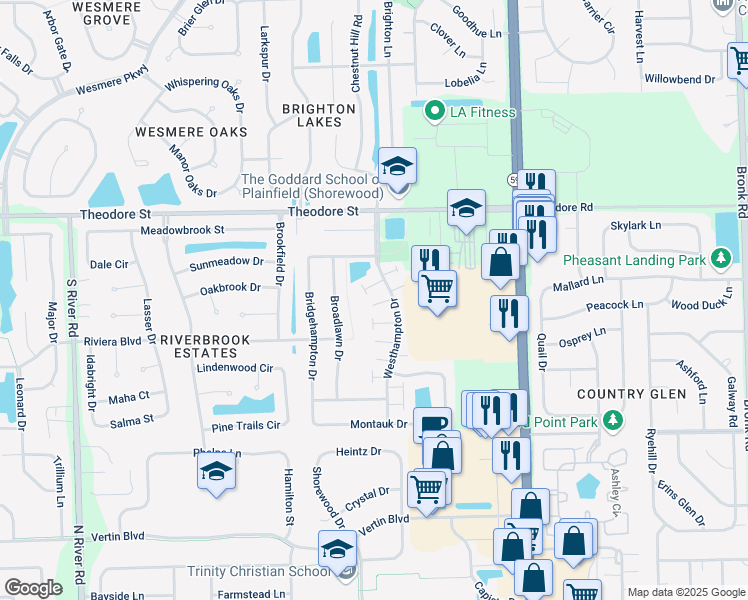 map of restaurants, bars, coffee shops, grocery stores, and more near 5117 Edgewater Court in Plainfield