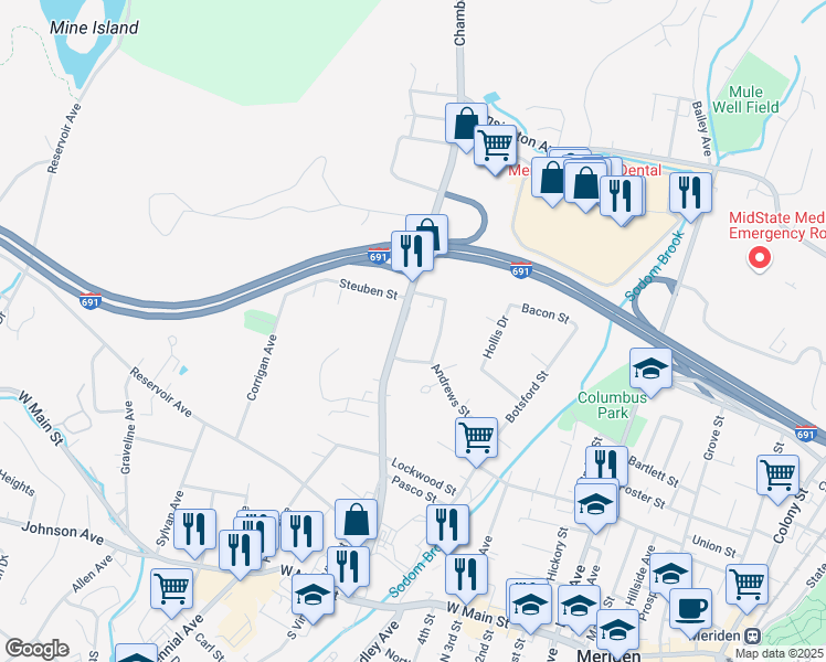 map of restaurants, bars, coffee shops, grocery stores, and more near 279 Chamberlain Highway in Meriden