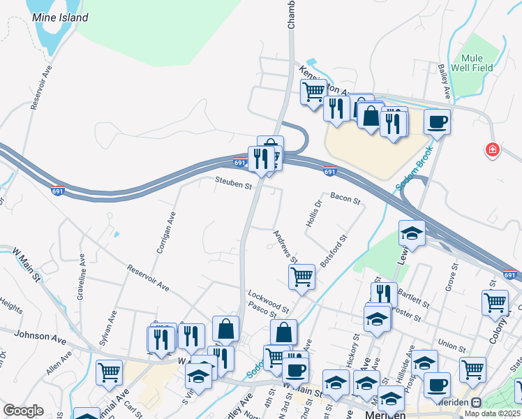 map of restaurants, bars, coffee shops, grocery stores, and more near 277 Chamberlain Highway in Meriden