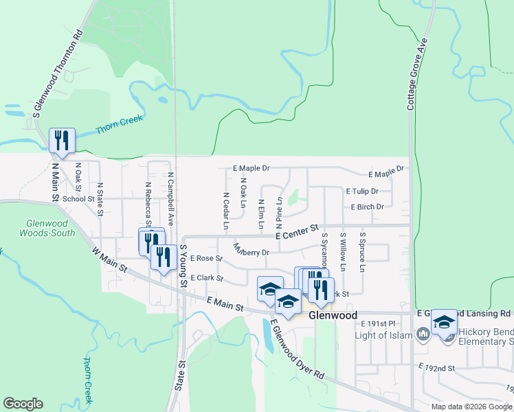 map of restaurants, bars, coffee shops, grocery stores, and more near 40 North Elm Lane in Glenwood