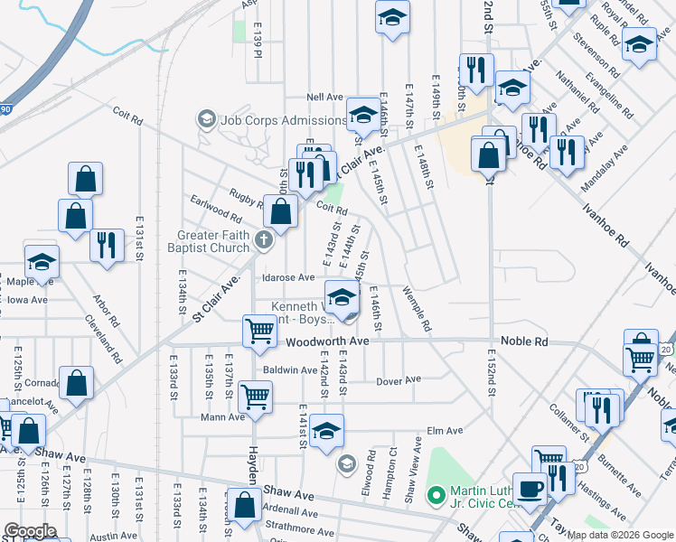 map of restaurants, bars, coffee shops, grocery stores, and more near 1160 East 145th Street in Cleveland