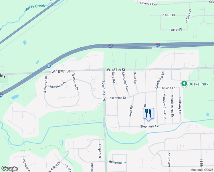 map of restaurants, bars, coffee shops, grocery stores, and more near 18815 Townline Road in Mokena
