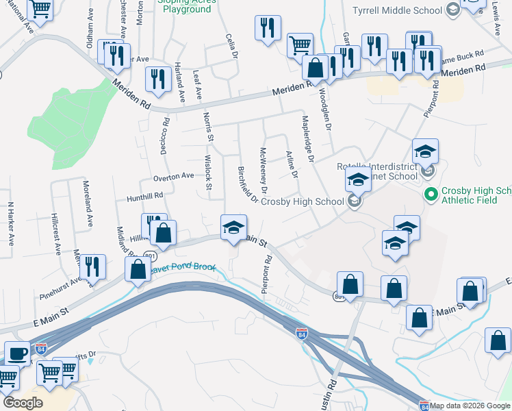map of restaurants, bars, coffee shops, grocery stores, and more near 194 Birchfield Drive in Waterbury