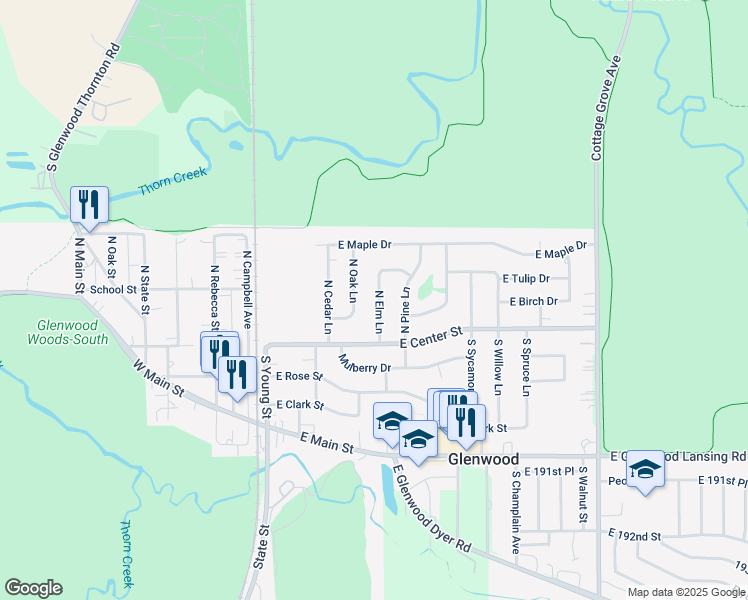 map of restaurants, bars, coffee shops, grocery stores, and more near 40 North Elm Lane in Glenwood