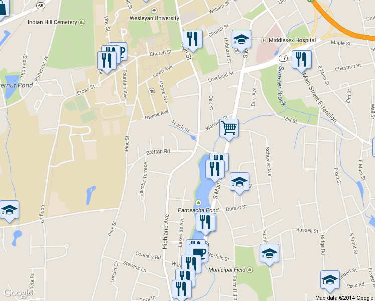 map of restaurants, bars, coffee shops, grocery stores, and more near 18 Bretton Rd in Middletown