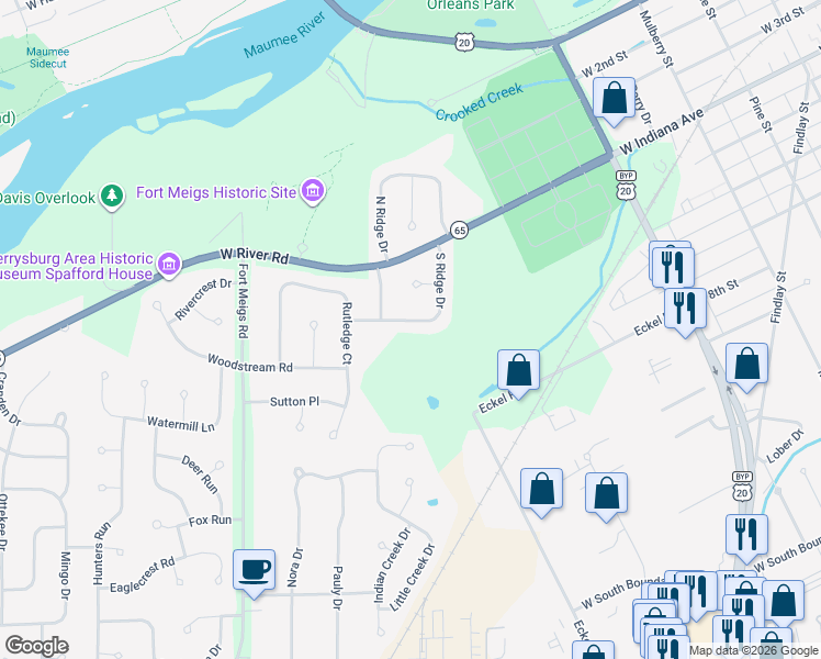 map of restaurants, bars, coffee shops, grocery stores, and more near 616 South Ridge Drive in Perrysburg