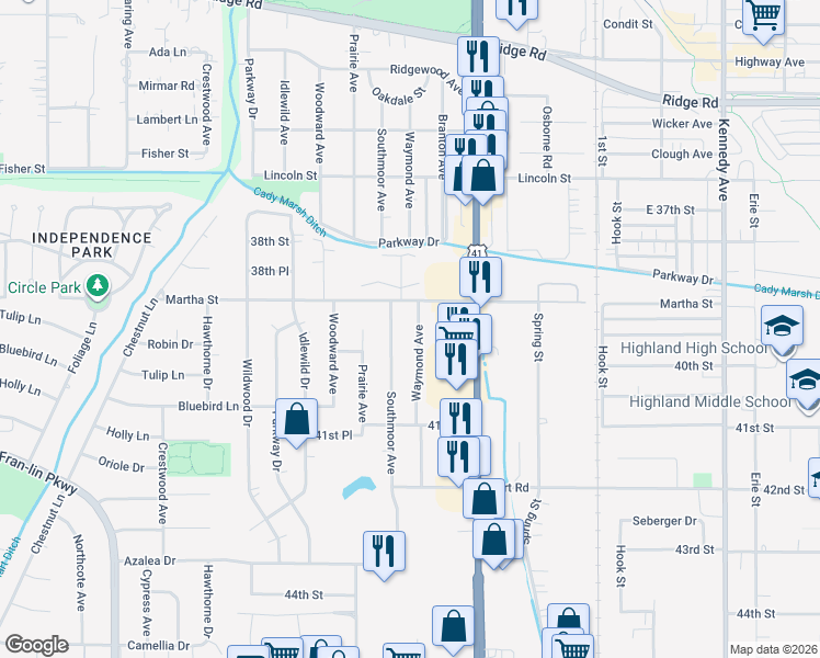 map of restaurants, bars, coffee shops, grocery stores, and more near 9146 Waymond Avenue in Highland