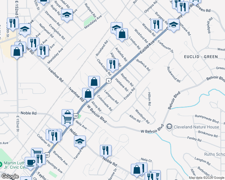 map of restaurants, bars, coffee shops, grocery stores, and more near 16625 Quentin Road in Cleveland
