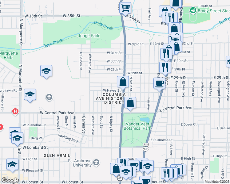 map of restaurants, bars, coffee shops, grocery stores, and more near 333 West Hayes Street in Davenport
