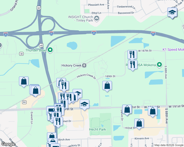 map of restaurants, bars, coffee shops, grocery stores, and more near 18898 South Vanderbilt Drive in Mokena