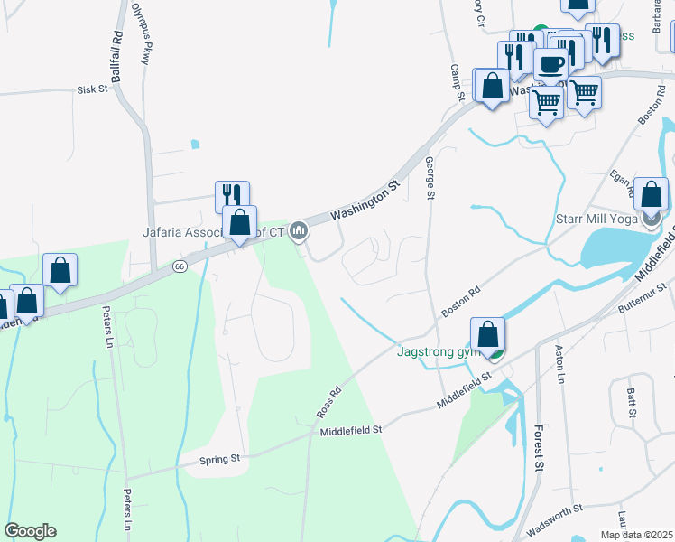 map of restaurants, bars, coffee shops, grocery stores, and more near 207 George Street in Middletown