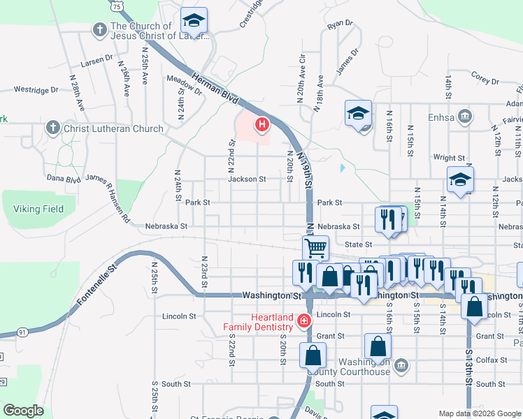 map of restaurants, bars, coffee shops, grocery stores, and more near 2068 Nebraska Street in Blair