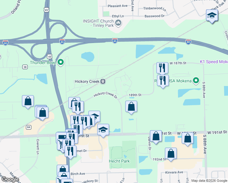 map of restaurants, bars, coffee shops, grocery stores, and more near 18898 South Vanderbilt Drive in Mokena