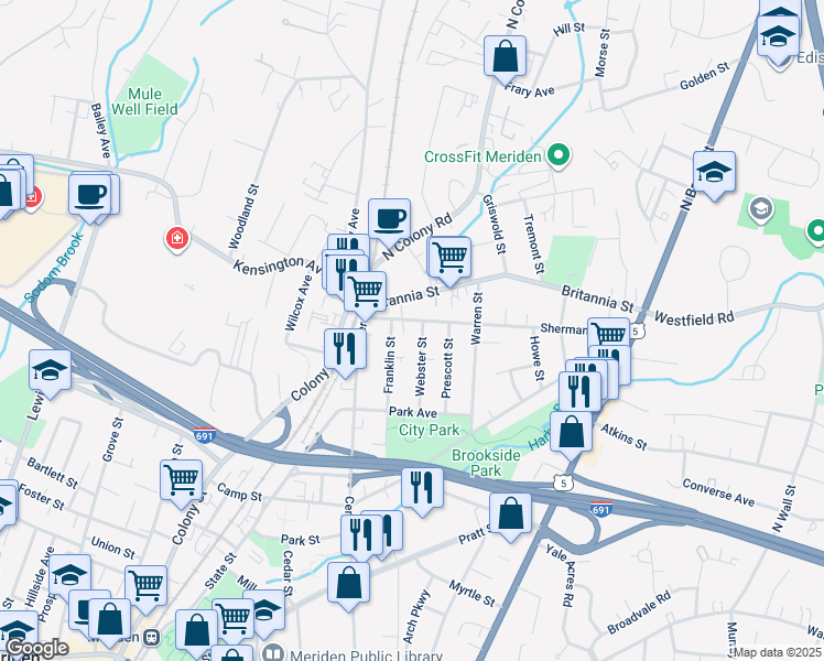 map of restaurants, bars, coffee shops, grocery stores, and more near 135 Franklin Street in Meriden