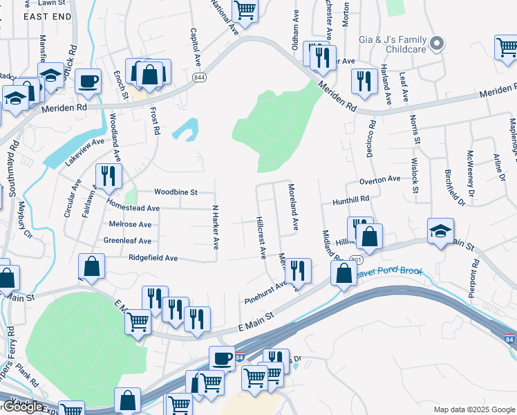 map of restaurants, bars, coffee shops, grocery stores, and more near 112 Hillcrest Avenue in Waterbury