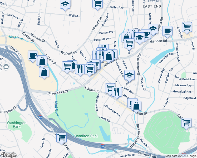 map of restaurants, bars, coffee shops, grocery stores, and more near 56 Malone Street in Waterbury