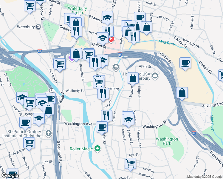 map of restaurants, bars, coffee shops, grocery stores, and more near 382 Mill Street in Waterbury