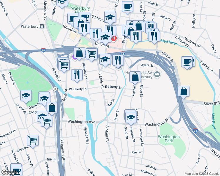 map of restaurants, bars, coffee shops, grocery stores, and more near 382 Mill Street in Waterbury