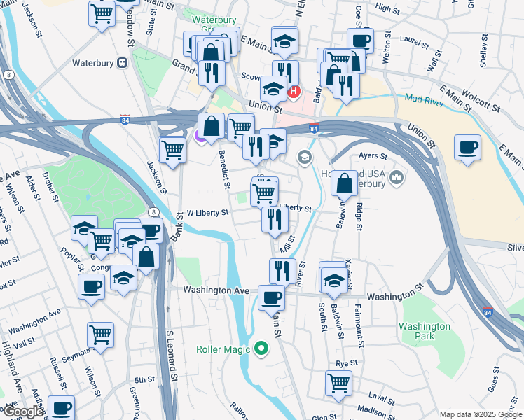 map of restaurants, bars, coffee shops, grocery stores, and more near 649 South Main Street in Waterbury