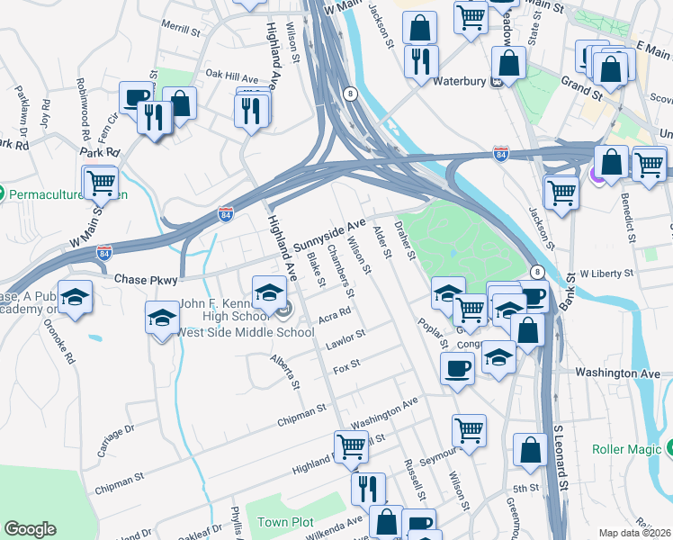 map of restaurants, bars, coffee shops, grocery stores, and more near 68 Chambers Street in Waterbury