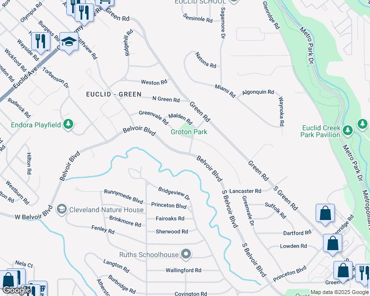 map of restaurants, bars, coffee shops, grocery stores, and more near 2442 Belvoir Boulevard in South Euclid