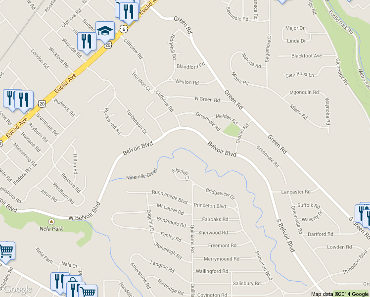 map of restaurants, bars, coffee shops, grocery stores, and more near 3715 Edgehill Drive in Cleveland