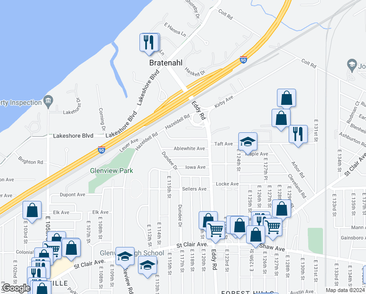 map of restaurants, bars, coffee shops, grocery stores, and more near 11809 Shadeland Avenue in Cleveland