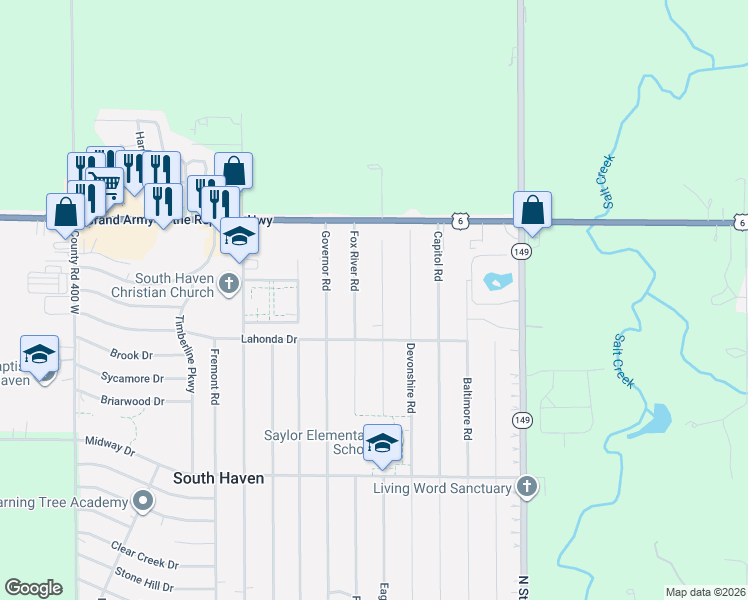 map of restaurants, bars, coffee shops, grocery stores, and more near 774 Eagle Creek Rd in Valparaiso