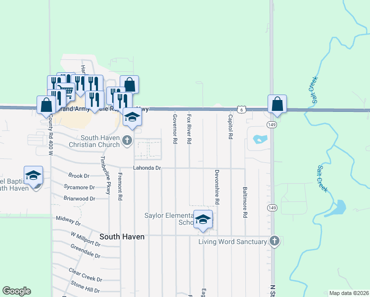 map of restaurants, bars, coffee shops, grocery stores, and more near 776 Fox River Road in Valparaiso