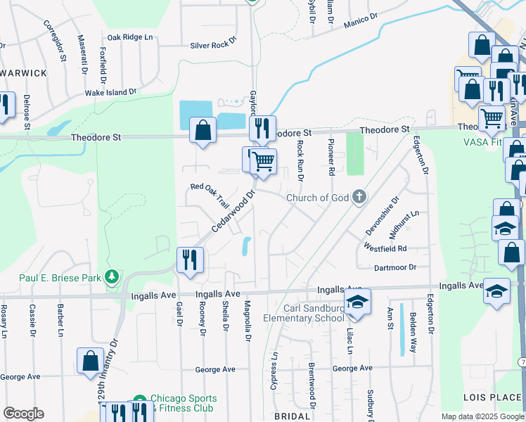 map of restaurants, bars, coffee shops, grocery stores, and more near 1316 Cedarwood Drive in Crest Hill