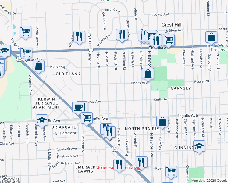 map of restaurants, bars, coffee shops, grocery stores, and more near 1001 Curtis Avenue in Joliet