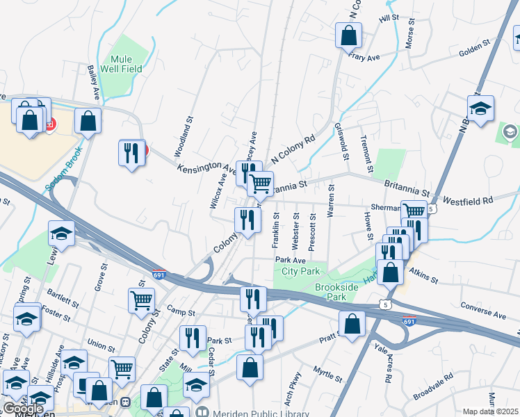 map of restaurants, bars, coffee shops, grocery stores, and more near 513 Center Street in Meriden
