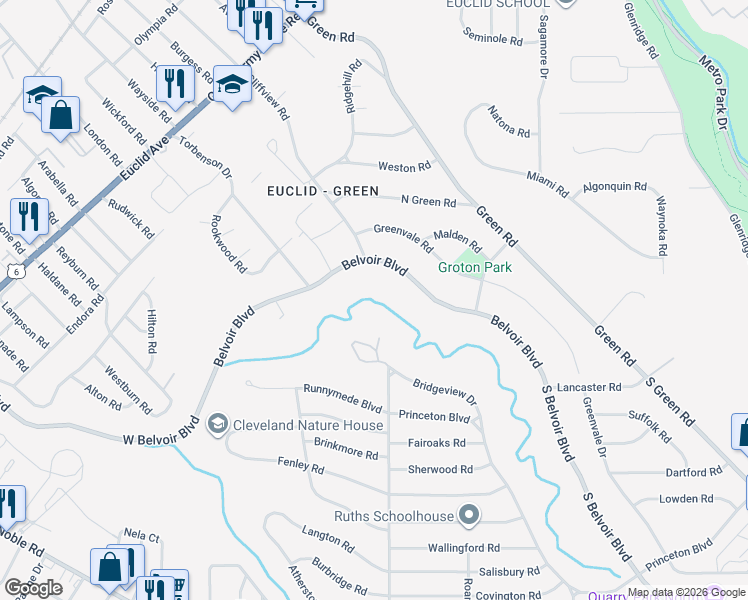 map of restaurants, bars, coffee shops, grocery stores, and more near 3715 Edgehill Drive in Cleveland