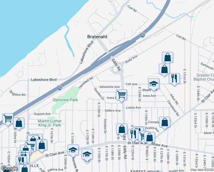 map of restaurants, bars, coffee shops, grocery stores, and more near 11809 Shadeland Avenue in Cleveland