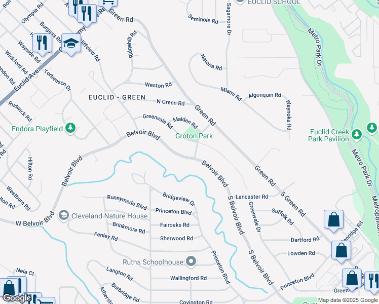 map of restaurants, bars, coffee shops, grocery stores, and more near 2442 Belvoir Boulevard in South Euclid