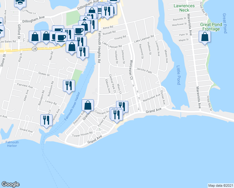 map of restaurants, bars, coffee shops, grocery stores, and more near 35 Harbor Avenue in Falmouth