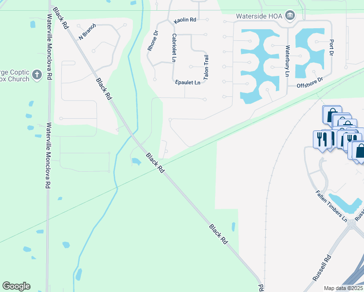 map of restaurants, bars, coffee shops, grocery stores, and more near 5225 Black Road in Waterville